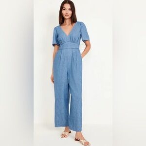 Old Navy Women's Waist Defined Puff Sleeve Jumpsuit Denim *NWT*